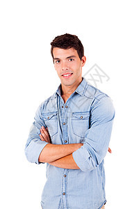 身穿便衣站立的英俊青年男子肖像大学商业微笑人士学生牛仔裤男性蓝色男生男人图片