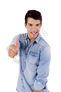 美丽的男人摆出大拇指的姿势男性青年牛仔布牛仔裤人士衬衫蓝色商务管理人员微笑图片