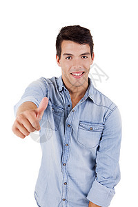 美丽的男人摆出大拇指的姿势人士男生牛仔布微笑男性商业牛仔裤管理人员大学商务图片