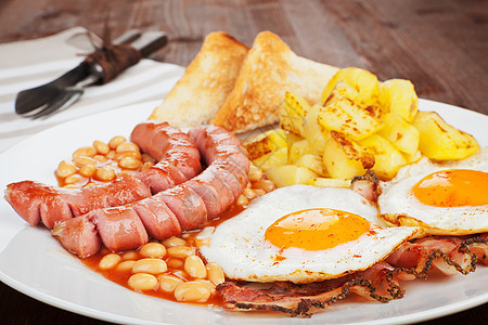 英语早餐鸡蛋乡村火腿棕色油炸豆子食物美食香肠蔬菜图片