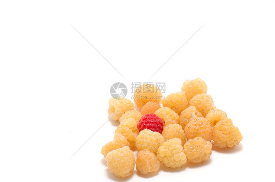 几个黄草莓中一个红色花园水果孤独黄色营养饮食食物图片