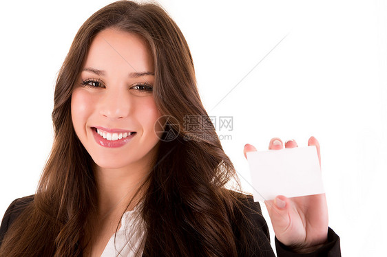 持有空白白卡 孤立在白纸牌上的妇女商业展示商务白色卡片女孩人士女士手臂女性图片