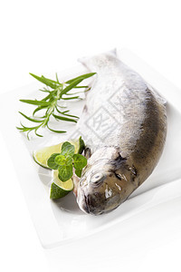 美味的鳟鱼托盘摄影迷迭香活力草药食物胡椒子盘子白色海鲜图片
