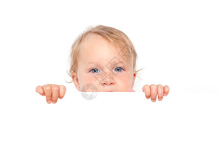 婴儿女孩在白色的板子上看女婴水平头发女性木板女孩婴儿孩子眼睛快乐图片