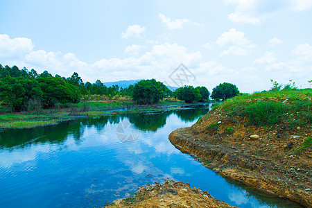 河流及其河岸季节植物石头爬坡反射蓝色木头环境阳光公园图片