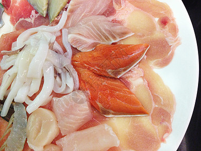 沙布肉 配有切片猪肉 鲑鱼 鱼 鱿鱼和鸡餐厅食物海鲜乌贼图片
