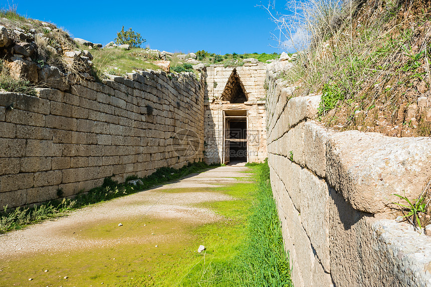 希腊Mycenae的面额国库避难所墙壁废墟文明纪念碑历史性金库地标入口微型机图片