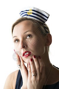 穿水手服装的肖像妇女成人头发女性魅力背心白色女孩女士工作室帽子图片