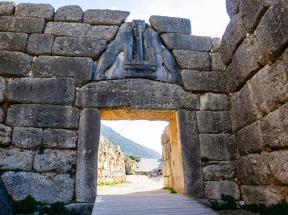 希腊Mykines的狮子门古董微型机废墟吸引力纪念碑建筑学地标遗产石头墙壁图片
