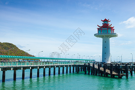 灯塔桥伸入大海天空海滩假期海岸线海洋晴天岩石导航旅游支撑图片