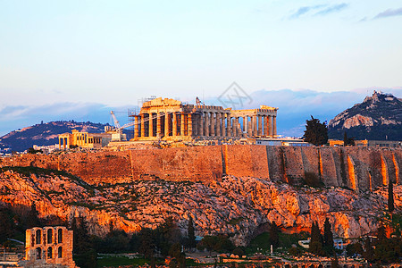 晚上在希腊雅典雅典考古学废墟纪念碑天空地标建筑学寺庙旅游历史建筑图片