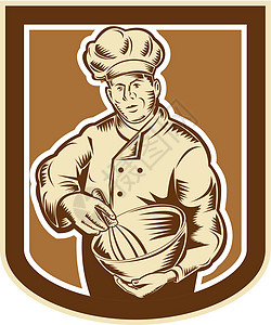 贝克厨师烹饪混合碗男性食品食物工人插图艺术品混合器木刻波峰男人图片