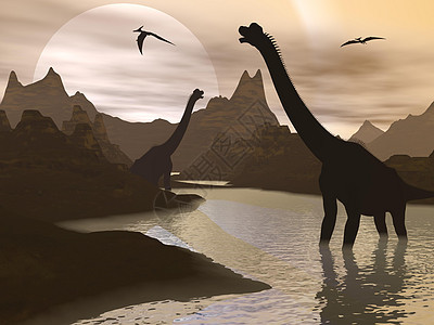 水中三维转化成的布拉奇龙恐龙脊椎动物池塘天空插图荒野翼龙岩石爬虫古生物学脖子图片