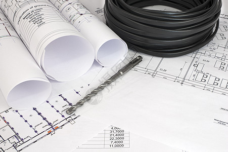 建筑图纸上的电线电缆原理图电气蓝图工程测量绘画办公室草图工作房子图片