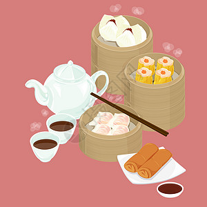 插图 中国低和饺子餐厅水饺春卷竹筐小吃筷子茶壶午餐美食图片