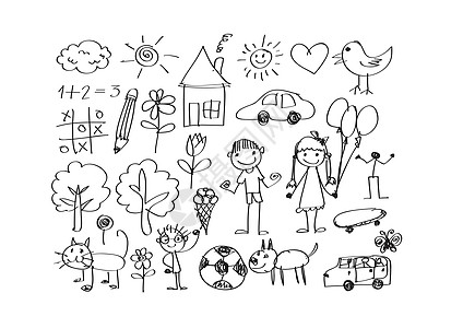 给孩子们画家庭幸福照片男人女儿素描孩子喜悦后代闲暇笔记本姐姐微笑图片