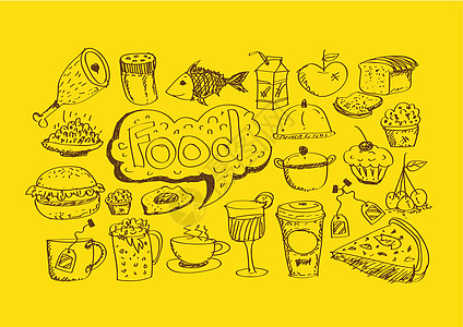 汽车 食物食品图标集盘子卡通片面包蔬菜写意杯子烹饪手绘笔记牛奶插画
