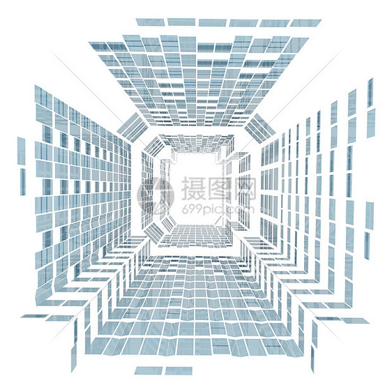 由蓝平面组成的抽象摩天大楼隧道建筑矩形办公楼高科技窗户蓝色飞机图片