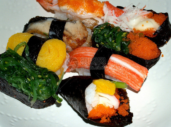 日本日美食汇合饮食海藻螃蟹拼贴画鱼片海鲜餐厅午餐橙子胡椒图片
