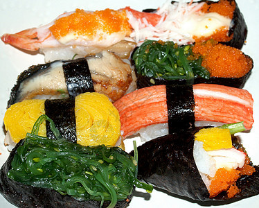 日本日美食汇合盘子饮食海鲜餐厅烹饪拼贴画鱼片午餐胡椒海藻图片