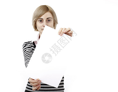 持有纸张的妇女女孩成人空白情感公告金发女郎纸板标语横幅冒充图片