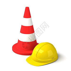 在白背景上孤立的交通Cone和硬帽图标塑料警报边界警告插图工具安全障碍帽子安全帽图片