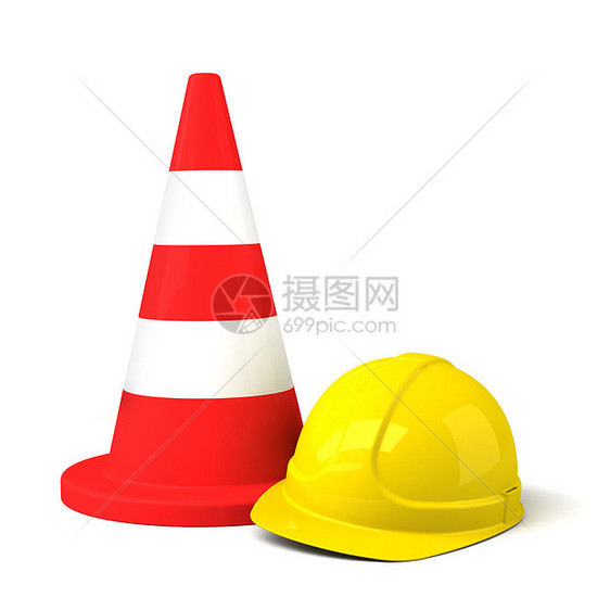 在白背景上孤立的交通Cone和硬帽图标橙子警告边界锥体塑料运输安全帽障碍插图安全图片