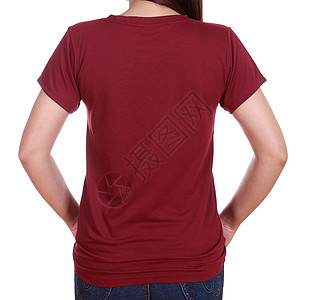 带空白T恤衫背面的近身女性女孩马球白色女士工作室衣服青少年冒充红色成人图片