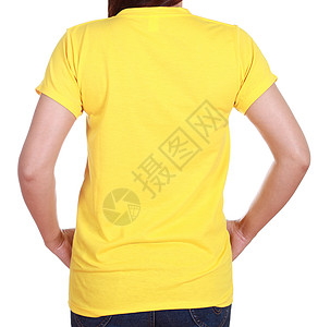 带空白T恤衫背面的近身女性衣服白色棉布马球冒充金子工作室女孩黄色女士图片
