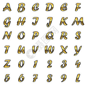 白色背景上的金色字母表打字稿插图奢华抛光金子金属黑色脚本艺术黄色图片