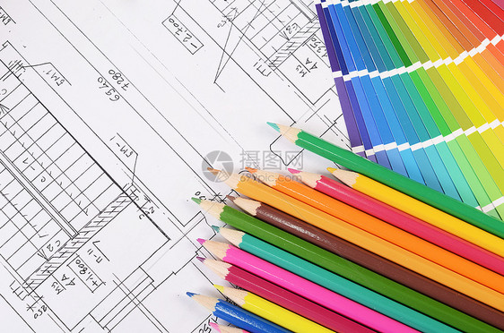 配有色调调色调的房屋项目设计师文档建筑学绘画调色板住宅建设者承包商彩虹工作图片
