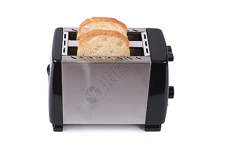 白色背景上孤立的银烤面包机用具厨房面包食物厨具合金黑色早餐按钮机器图片