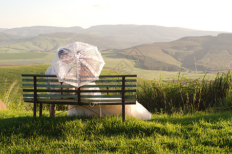 非洲新娘和新郎坐在风景优美的长凳上庆典花园新婚夫妻树木女士婚姻教会椅子长椅图片
