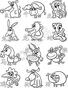 台中zodiac星座标志集野兔生物公鸡漫画八字老虎庆典兔子卡通片收藏插画