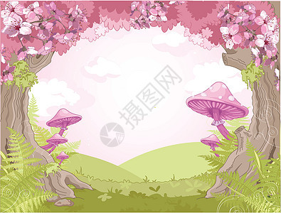 幻想的景观蕨类森林场景故事植物插图免版税草地魔法童话图片