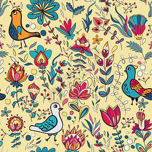 鸟类和鲜花的无缝植物形态花园涂鸦织物正方形叶子手绘纺织品墙纸漩涡花瓣图片