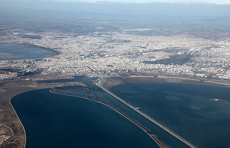 突尼斯空中观察住宅城市天际景观建筑学蓝色房子尖顶天空卫星图片