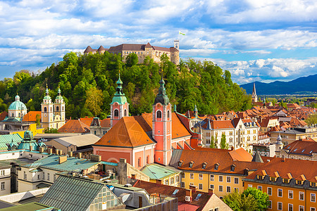 卢布尔雅那 斯洛文尼亚 欧洲的全景旅行建筑城市爬坡中心旅游教会景点堡垒太阳图片