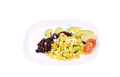 豆沙拉玉米黄色盘子豆子白色树叶红色绿色蔬菜立方体图片