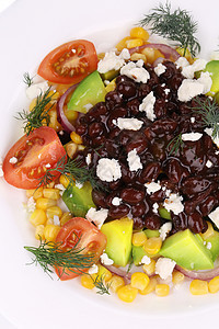 豆子沙拉贴近点洋葱茴香玉米盘子戒指蔬菜罐头白色红色水果图片