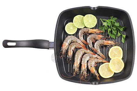 虾养殖黑锅上的新虾美食饮食香菜海鲜甲壳营养柠檬贝类动物油炸背景