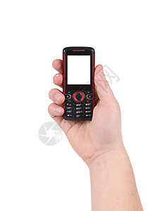 手拿着红黑手机定位剪裁纽扣全球数据电脑技术展示系统工具图片