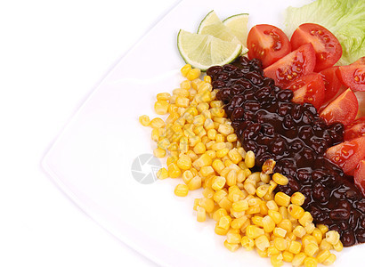 豆子沙拉贴近点盘子黄色玉米大部分蔬菜宏观红色图片