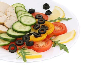 鸡肉沙拉贴上沙拉食物健康绿色白色饮食红色黄瓜香料胡椒图片