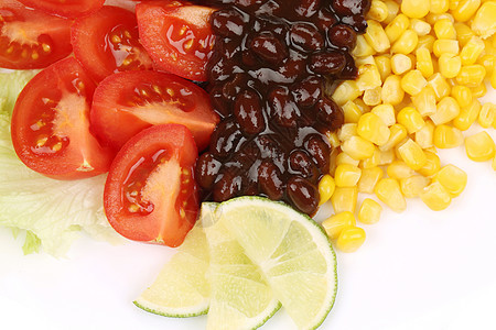 豆子沙拉贴近点蔬菜红色盘子玉米大部分黄色宏观图片