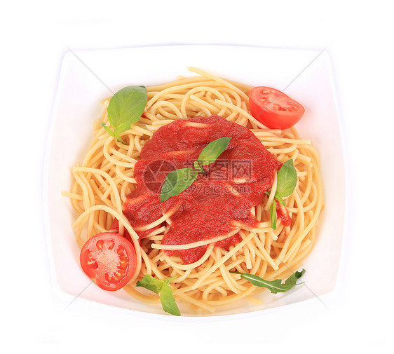 美味的意大利意面加番茄酱午餐烹饪草本植物小麦餐厅面条营养蔬菜食谱盘子图片