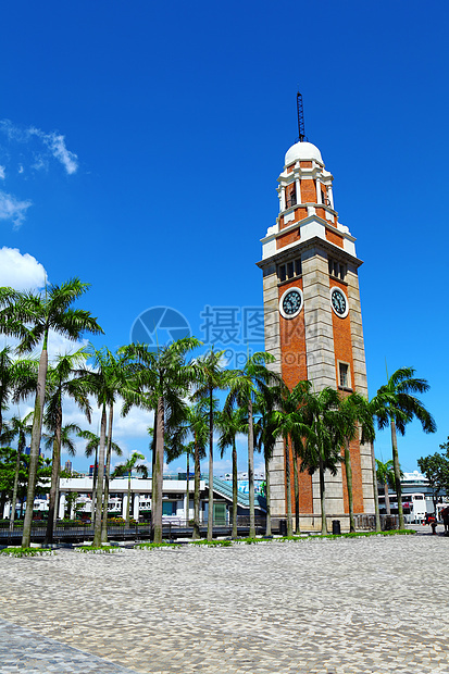 香港的时钟塔纪念碑铁路建筑学文化地标时间火车棕榈蓝色车站图片