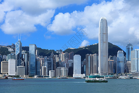 香港市风景城市金融港口天际蓝色地标建筑天空渡船图片