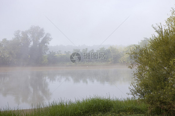 江雾花园森林薄雾蓝色石头树木场景天空反射阴霾图片