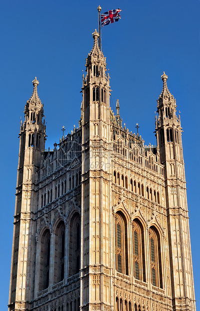 英国议会大厦大楼的塔塔楼公地蓝色旗帜议会英语横幅王国房子军旗建筑学图片